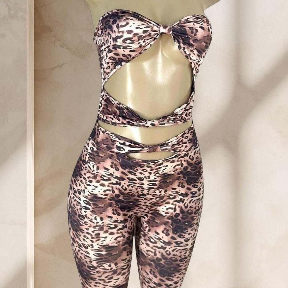 Leopard Two Piece Set – Strapless Top & High Waisted Leggings Sexy Y2K ✧ M - Picture 3 of 4